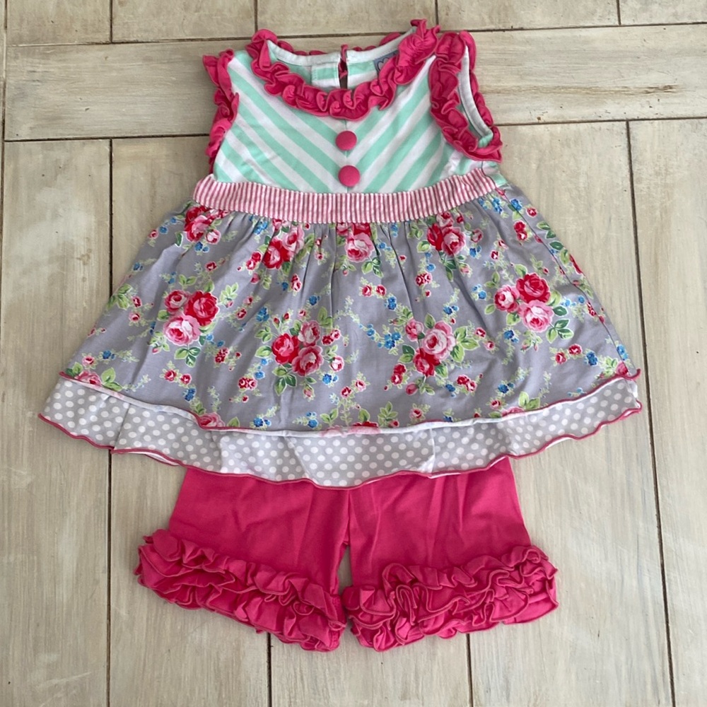 Three Sisters Boutique Pink Green Gray Floral Stripe Tunic & Shorts 12 Months